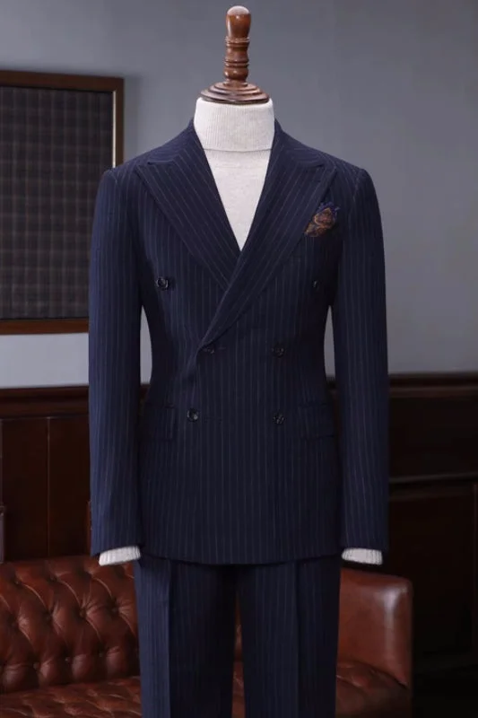 Navy Blue Striped Double Breasted Business Suits with Peaked Lapel