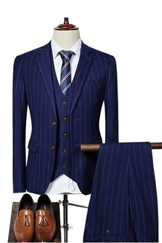 Navy Blue Striped Three Pieces Business Suits Prom Tuxedos Wedding Groom Suits