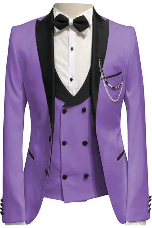 Purple Three Pieces Slim Fit Prom Suits with Black Peaked Lapel