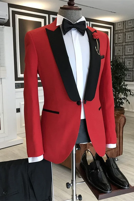 Red Peaked Lapel Two Pieces Men Prom Suits Slim Fit Wedding Suits with Bow