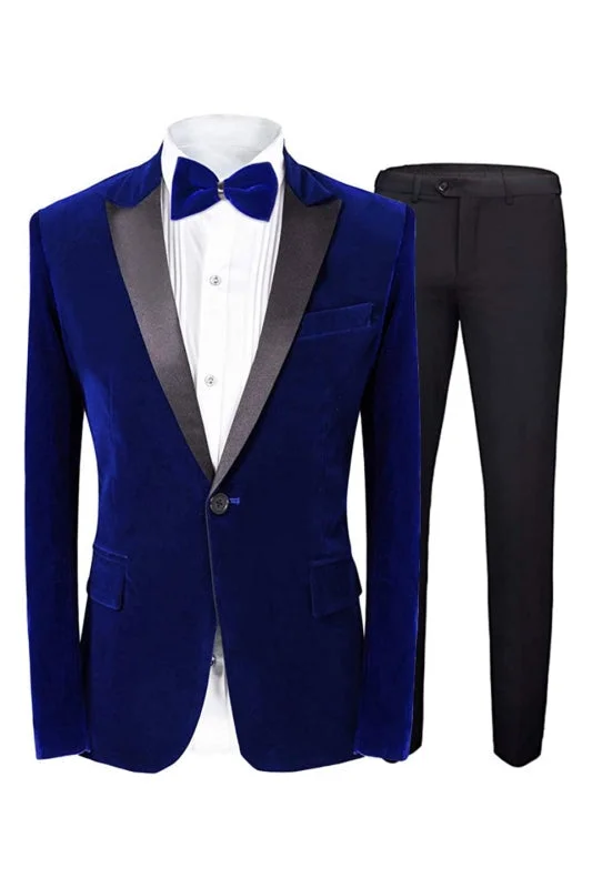 Royal Blue Peaked Lapel Two Pieces Velvet Prom Suits One Button Semi Formal Wedding Attire Male