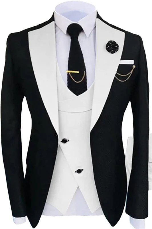 Simple White Shawl Lapel Three Pieces Black Prom Suits One Button Wedding Groom Suits