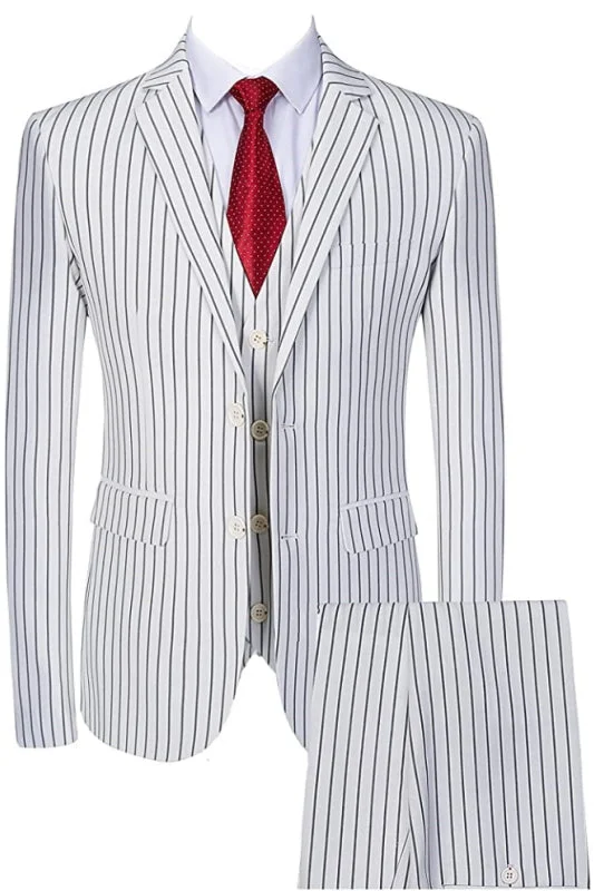 Simple White Striped Three Pieces Striped Business Suits with Notched Lapel