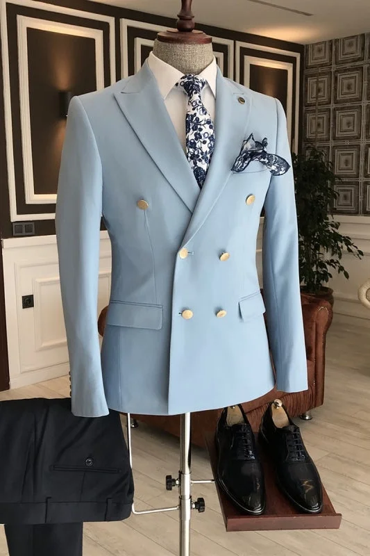 Sky Blue Double Breasted Bespoke Prom Suits with Peaked Lapel Business Tuxedos