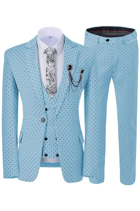 Sky Blue Notched Lapel Black Dot Three Pieces Prom Suits Slim Fit Wedding Suits