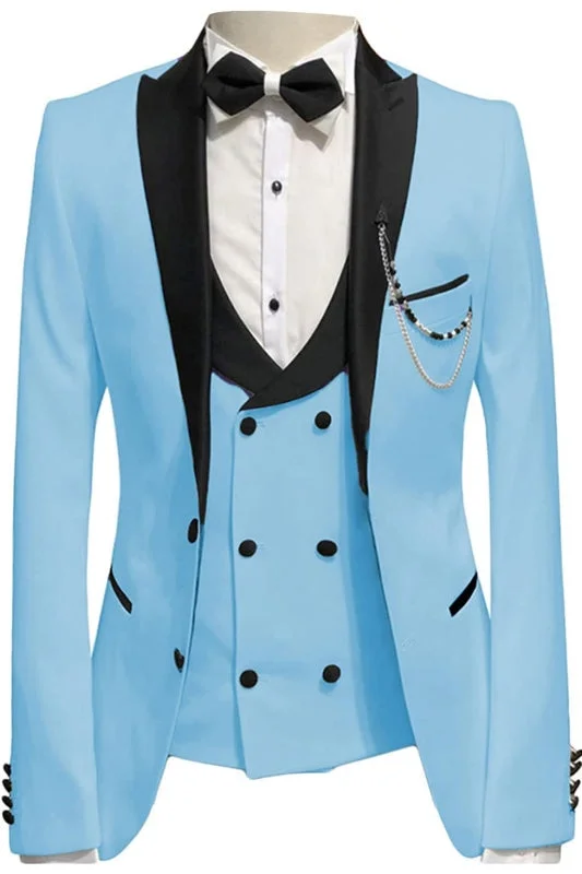 Sky Blue Slim Fit Three Pieces Prom Suits Black Peaked Lapel Wedding Suits