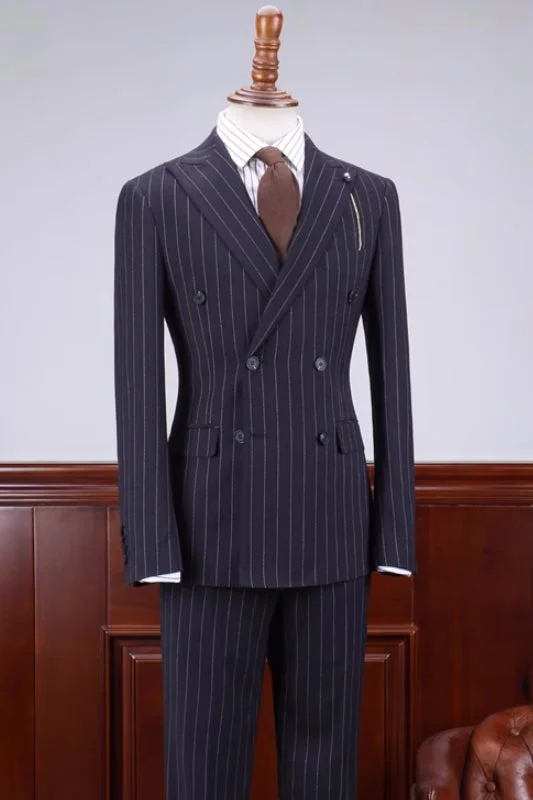 Special Navy Blue Striped Double Breasted Business Suits Peaked Lapel Wedding Suits