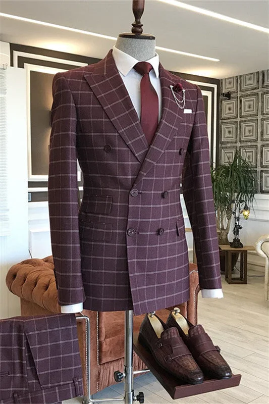 Stylish Burgundy Plaid Men Business Suits with Peaked Lapel Two Pieces Tuxedos Blazer Pants