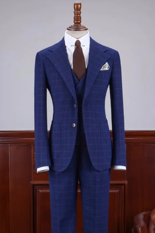 Stylish Dark Blue Plaid Notched Lapel Three Pieces Business Suits Slin Fit Wedding Suits