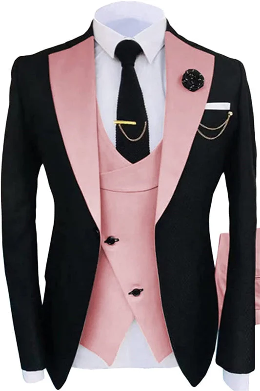 Stylish Pink Shawl Lapel Three Pieces Prom Suits For Men Regular Business Suits