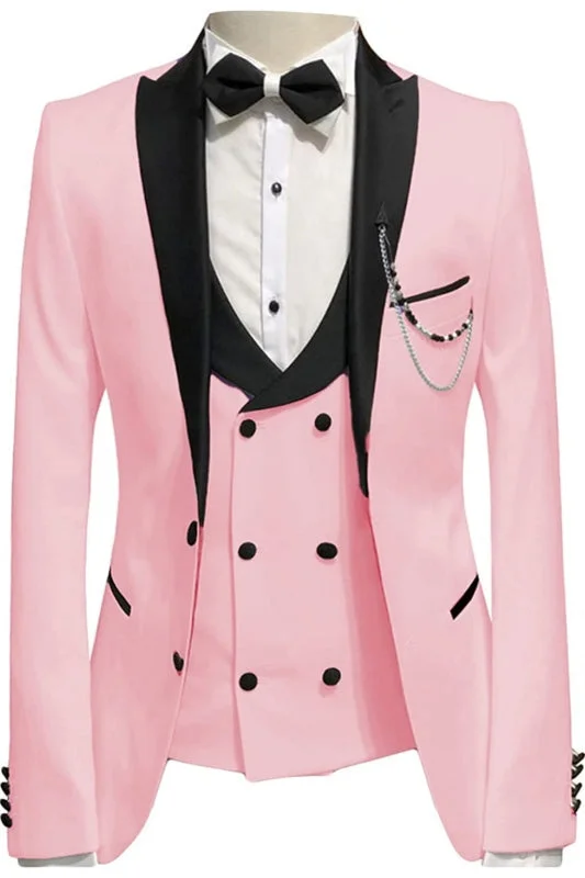 Stylish Pink Three Pieces Prom Suits with Black Peaked Lapel Slim Fit Wedding Suits