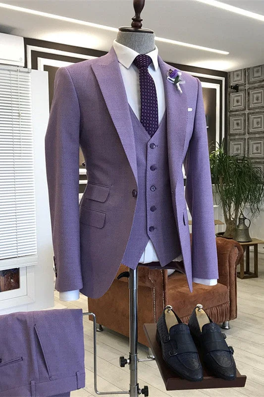 Stylish Purple Three Pieces Prom Suits with Peaked Lapel Slim Fit Wedding Suits for Men