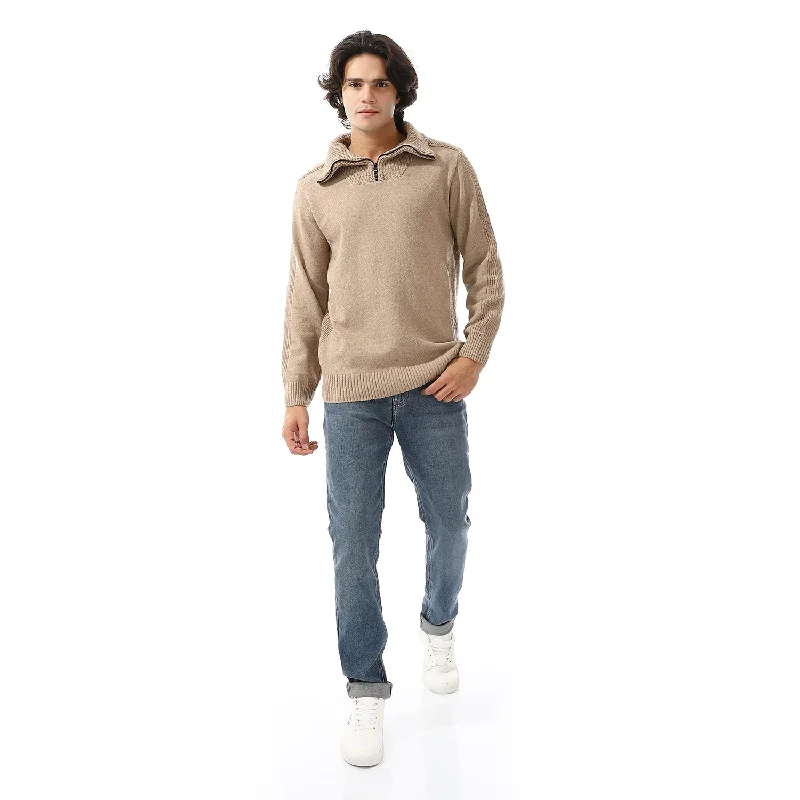 Upper Zipper Through Long Sleeves Pullover - Beige