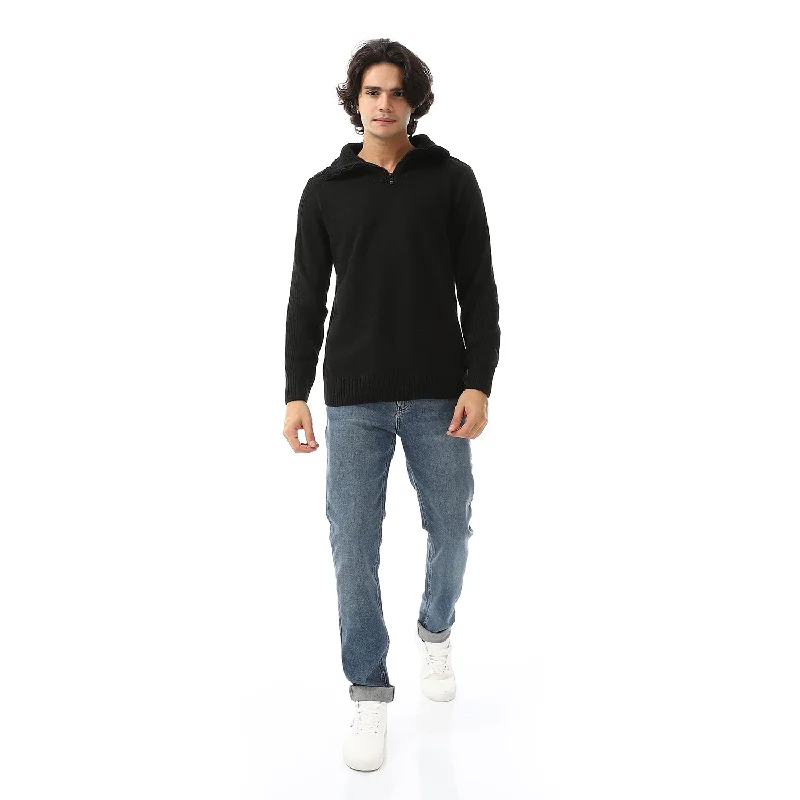 Upper Zipper Through Long Sleeves Pullover - Black