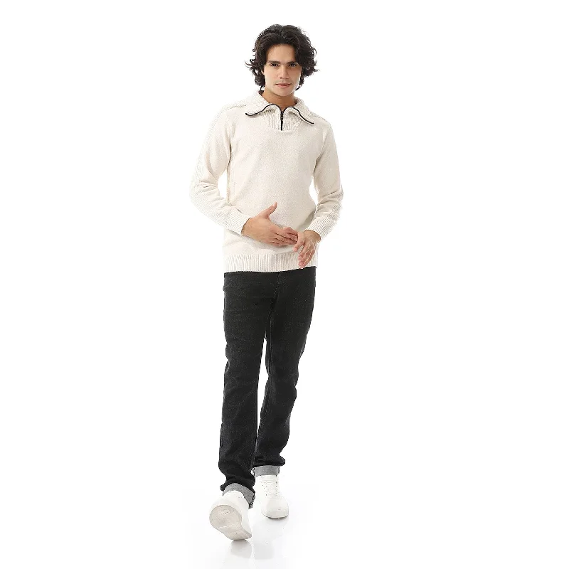 Upper Zipper Through Long Sleeves Pullover - Off White