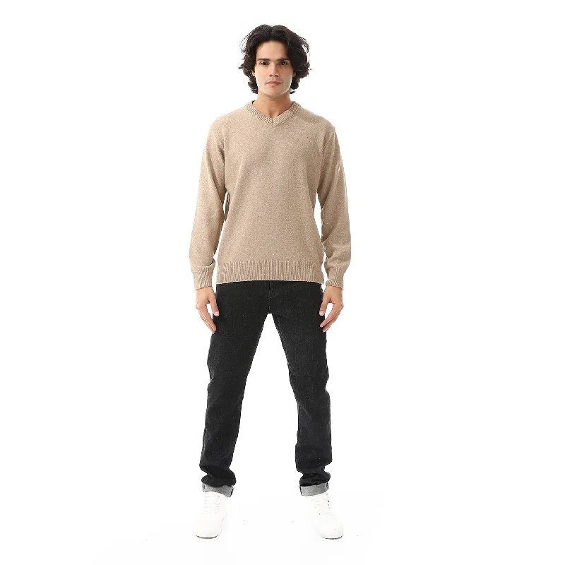 V-Neck Long Sleeves Regular Pullover - Beige