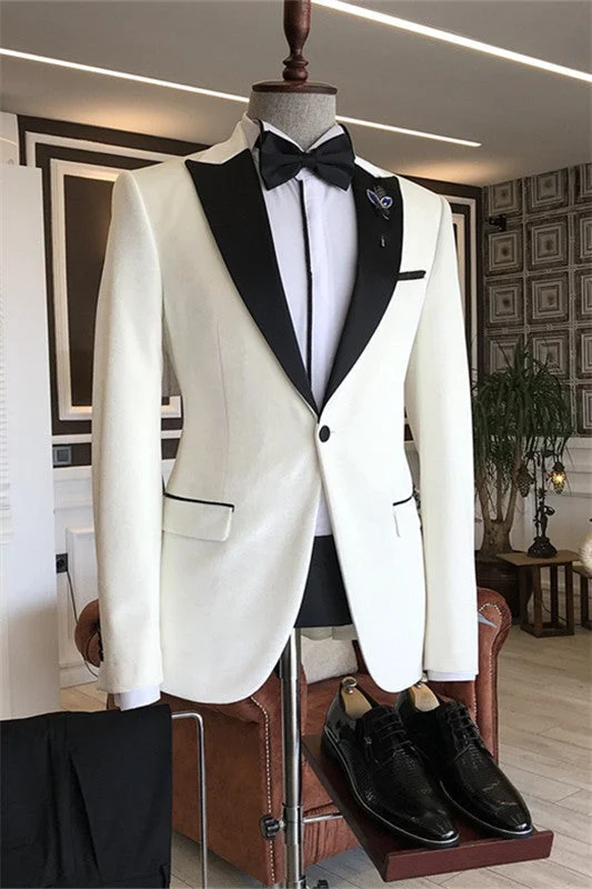 White Simple Two Pieces Prom Suits One Button Business Suits with Black Peaked Lapel