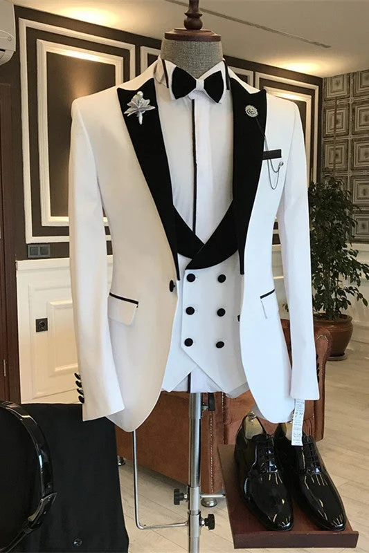 White Three Pieces Slim Men Prom Suits with Black Peaked Lapel Wedding Groom Suits