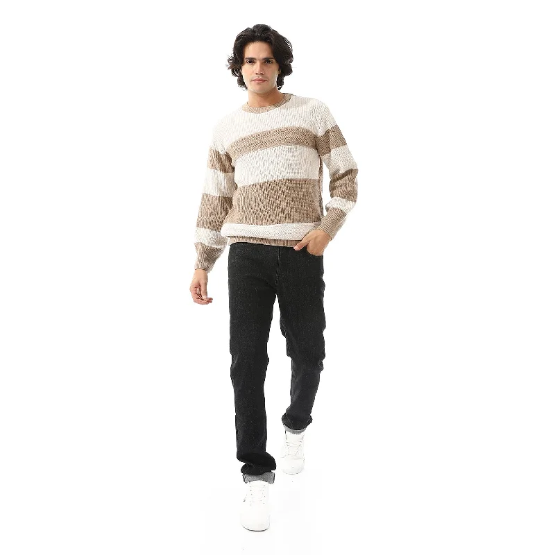 Wide Striped & Knitted Slip On Pullover - Off White & Dark Beige