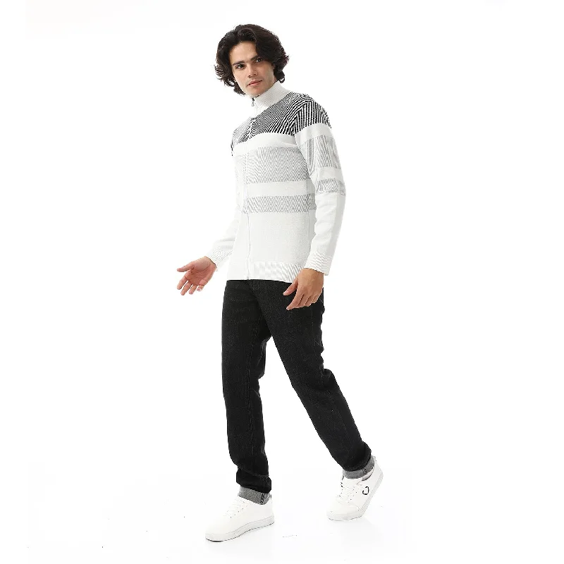 Zipper Knitted Long Sleeves Sweater - White & Grey